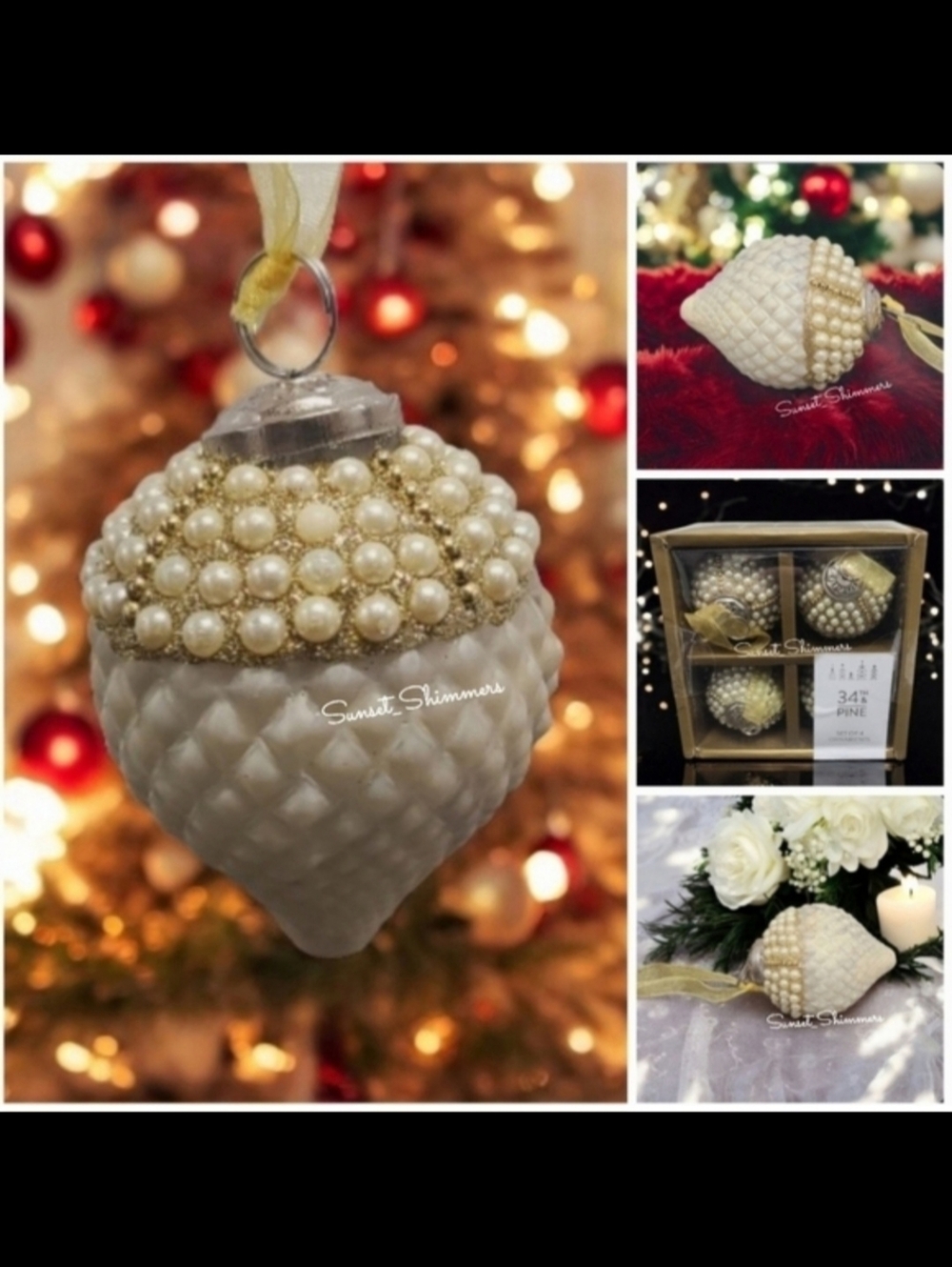 4pc Set Gold Beaded Pinecone / Egg Corn Glass Kugal Style Christmas Ornaments